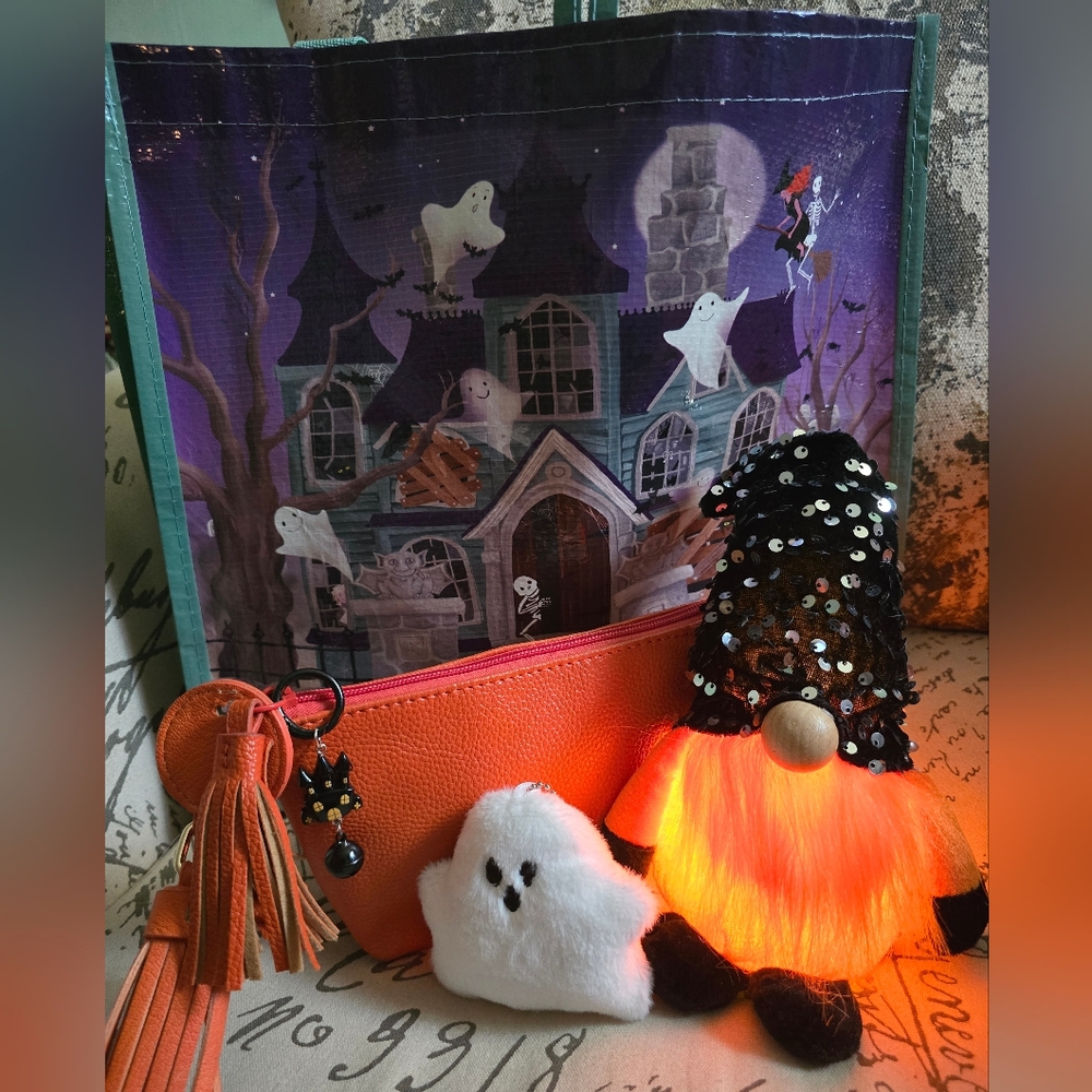 5 Piece HALLOWEEN Set: Tote Bag, Ghost Charm, Light Up Gnome, Pouch W/ Charm